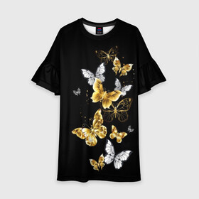 Детское платье 3D с принтом Золотые бабочки в Кировске, 100% полиэстер | прямой силуэт, чуть расширенный к низу. Круглая горловина, на рукавах — воланы | airy | black | butterfly | cool | cute | flight | flit | gold | insect | magical | white | wings | yellow | бабочка | белый | воздушный | волшебный | желтый | золото | крылья | милый | насекомое | полёт | порхать | прикольный | черный