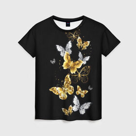 Женская футболка 3D с принтом Золотые бабочки в Кировске, 100% полиэфир ( синтетическое хлопкоподобное полотно) | прямой крой, круглый вырез горловины, длина до линии бедер | Тематика изображения на принте: airy | black | butterfly | cool | cute | flight | flit | gold | insect | magical | white | wings | yellow | бабочка | белый | воздушный | волшебный | желтый | золото | крылья | милый | насекомое | полёт | порхать | прикольный | черный