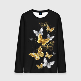 Мужской лонгслив 3D с принтом Золотые бабочки в Кировске, 100% полиэстер | длинные рукава, круглый вырез горловины, полуприлегающий силуэт | airy | black | butterfly | cool | cute | flight | flit | gold | insect | magical | white | wings | yellow | бабочка | белый | воздушный | волшебный | желтый | золото | крылья | милый | насекомое | полёт | порхать | прикольный | черный