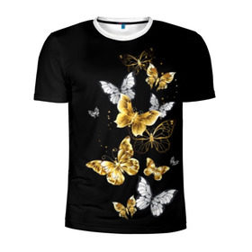 Мужская футболка 3D спортивная с принтом Золотые бабочки в Кировске, 100% полиэстер с улучшенными характеристиками | приталенный силуэт, круглая горловина, широкие плечи, сужается к линии бедра | Тематика изображения на принте: airy | black | butterfly | cool | cute | flight | flit | gold | insect | magical | white | wings | yellow | бабочка | белый | воздушный | волшебный | желтый | золото | крылья | милый | насекомое | полёт | порхать | прикольный | черный