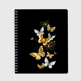 Тетрадь с принтом Золотые бабочки в Кировске, 100% бумага | 48 листов, плотность листов — 60 г/м2, плотность картонной обложки — 250 г/м2. Листы скреплены сбоку удобной пружинной спиралью. Уголки страниц и обложки скругленные. Цвет линий — светло-серый
 | airy | black | butterfly | cool | cute | flight | flit | gold | insect | magical | white | wings | yellow | бабочка | белый | воздушный | волшебный | желтый | золото | крылья | милый | насекомое | полёт | порхать | прикольный | черный