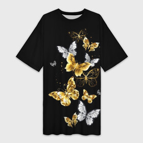 Платье-футболка 3D с принтом Золотые бабочки в Кировске,  |  | airy | black | butterfly | cool | cute | flight | flit | gold | insect | magical | white | wings | yellow | бабочка | белый | воздушный | волшебный | желтый | золото | крылья | милый | насекомое | полёт | порхать | прикольный | черный