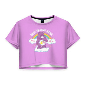 Женская футболка Cropp-top с принтом Заботливые мишки в Кировске, 100% полиэстер | круглая горловина, длина футболки до линии талии, рукава с отворотами | best friend | rainbow | заботливые мишки | лучшие друзья | медведь | медвежонок | милота | мимими | миша | мишка | мишки радужные | мультик | радуга | сердечки