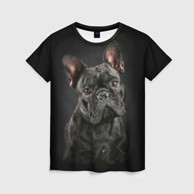 Женская футболка 3D с принтом Французский бульдог в Кировске, 100% полиэфир ( синтетическое хлопкоподобное полотно) | прямой крой, круглый вырез горловины, длина до линии бедер | animal | background | beast | black | breed | bulldog | cool | cute | dog | ears | french | jaw | look | muzzle | portrait | wool | бульдог | взгляд | животное | зверь | милый | пёс | порода | портрет | прикольно | псина | собака | уши | фон | фра