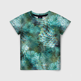 Детская футболка 3D с принтом Чешуя русалки в Кировске, 100% гипоаллергенный полиэфир | прямой крой, круглый вырез горловины, длина до линии бедер, чуть спущенное плечо, ткань немного тянется | blue | color | fish | gray | green | mermaid | neyad | pattern | scales | sea | siren | skin | turquoise | wallpaper | water | бирюзовый | вода | зеленый | кожа | море | неяда | обои | паттерн | русалка | рыба | серый | сирена | цвет | чешуя