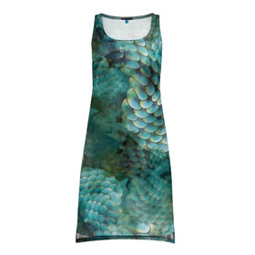 Платье-майка 3D с принтом Чешуя русалки в Кировске, 100% полиэстер | полуприлегающий силуэт, широкие бретели, круглый вырез горловины, удлиненный подол сзади. | blue | color | fish | gray | green | mermaid | neyad | pattern | scales | sea | siren | skin | turquoise | wallpaper | water | бирюзовый | вода | зеленый | кожа | море | неяда | обои | паттерн | русалка | рыба | серый | сирена | цвет | чешуя