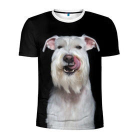 Мужская футболка 3D спортивная с принтом Белый шнауцер в Кировске, 100% полиэстер с улучшенными характеристиками | приталенный силуэт, круглая горловина, широкие плечи, сужается к линии бедра | animal | background | beast | black | breed | cool | cute | dog | ears | fangs | jaw | look | muzzle | portrait | tongue | white | wool | белый | взгляд | животное | зверь | клыки | милый | пёс | порода | портрет | прикольно | псина | собака | уши