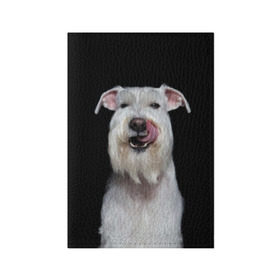 Обложка для паспорта матовая кожа с принтом Белый шнауцер в Кировске, натуральная матовая кожа | размер 19,3 х 13,7 см; прозрачные пластиковые крепления | Тематика изображения на принте: animal | background | beast | black | breed | cool | cute | dog | ears | fangs | jaw | look | muzzle | portrait | tongue | white | wool | белый | взгляд | животное | зверь | клыки | милый | пёс | порода | портрет | прикольно | псина | собака | уши