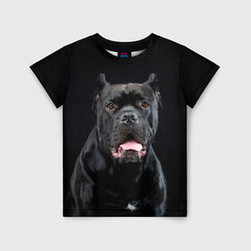 Детская футболка 3D с принтом Черный кан - корсо в Кировске, 100% гипоаллергенный полиэфир | прямой крой, круглый вырез горловины, длина до линии бедер, чуть спущенное плечо, ткань немного тянется | animal | background | beast | black | breed | can   corso | cool | cute | dog | ears | fangs | jaw | look | muzzle | portrait | tongue | wool | взгляд | животное | зверь | кан   корсо | клыки | милый | пёс | порода | портрет | прикольно | псина | 