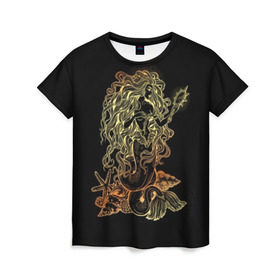 Женская футболка 3D с принтом Золотая русалка с зеркалом в Кировске, 100% полиэфир ( синтетическое хлопкоподобное полотно) | прямой крой, круглый вырез горловины, длина до линии бедер | 