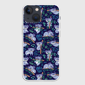 Чехол для iPhone 13 mini с принтом Фиолетовые коалы в Кировске,  |  | animal | australia | baby | bear | blue | color | cute | exotic | green | illustration | koala | pattern | purple | vector | young | австралия | вектор | ветка | детеныш | животное | зеленый | иллюстрация | коала | листья | малыш | медведь | мил