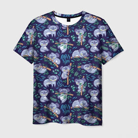 Мужская футболка 3D с принтом Фиолетовые коалы в Кировске, 100% полиэфир | прямой крой, круглый вырез горловины, длина до линии бедер | animal | australia | baby | bear | blue | color | cute | exotic | green | illustration | koala | pattern | purple | vector | young | австралия | вектор | ветка | детеныш | животное | зеленый | иллюстрация | коала | листья | малыш | медведь | мил