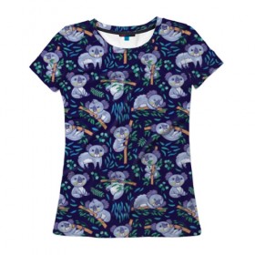 Женская футболка 3D с принтом Фиолетовые коалы в Кировске, 100% полиэфир ( синтетическое хлопкоподобное полотно) | прямой крой, круглый вырез горловины, длина до линии бедер | animal | australia | baby | bear | blue | color | cute | exotic | green | illustration | koala | pattern | purple | vector | young | австралия | вектор | ветка | детеныш | животное | зеленый | иллюстрация | коала | листья | малыш | медведь | мил