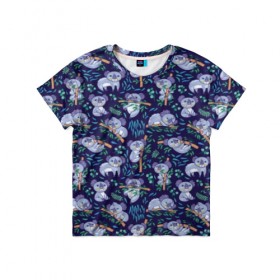 Детская футболка 3D с принтом Фиолетовые коалы в Кировске, 100% гипоаллергенный полиэфир | прямой крой, круглый вырез горловины, длина до линии бедер, чуть спущенное плечо, ткань немного тянется | animal | australia | baby | bear | blue | color | cute | exotic | green | illustration | koala | pattern | purple | vector | young | австралия | вектор | ветка | детеныш | животное | зеленый | иллюстрация | коала | листья | малыш | медведь | мил