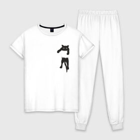 Женская пижама хлопок с принтом Кися в кармане в Кировске, 100% хлопок | брюки и футболка прямого кроя, без карманов, на брюках мягкая резинка на поясе и по низу штанин | cat | арт | животные | карман | кися | кот | кот в кармане | котенок | коты | кошка