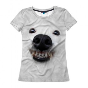 Женская футболка 3D с принтом Собака - улыбака в Кировске, 100% полиэфир ( синтетическое хлопкоподобное полотно) | прямой крой, круглый вырез горловины, длина до линии бедер | животные | зубы | мордочка | пес | прикол | смешная | собака | улыбака | улыбка | щенок | юмор