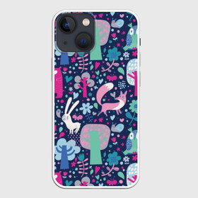 Чехол для iPhone 13 mini с принтом Лесные животные в Кировске,  |  | animal | bear | blue | cool | cute | flowers | forest | fox | green | hare | owl | pink | plant | snail | tree | white | wild | белый | дерево | дикое | животное | заяц | зеленый | лес | лесной | лиса | медведь | мило | прикольно | растение | ро