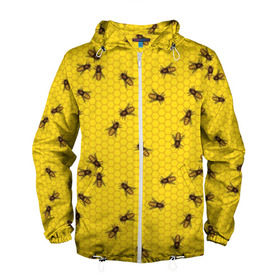 Мужская ветровка 3D с принтом Пчелы в сотах в Кировске, 100% полиэстер | подол и капюшон оформлены резинкой с фиксаторами, два кармана без застежек по бокам, один потайной карман на груди | bee | beehive | brown | bug | honey | honeycomb | insect | toiler | yellow | букашка | желтый | коричневый | мёд | насекомое | пчела | соты | труженик | улей
