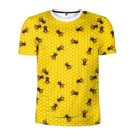 Мужская футболка 3D спортивная с принтом Пчелы в сотах в Кировске, 100% полиэстер с улучшенными характеристиками | приталенный силуэт, круглая горловина, широкие плечи, сужается к линии бедра | Тематика изображения на принте: bee | beehive | brown | bug | honey | honeycomb | insect | toiler | yellow | букашка | желтый | коричневый | мёд | насекомое | пчела | соты | труженик | улей
