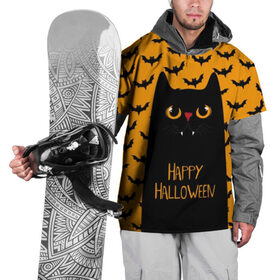 Накидка на куртку 3D с принтом Happy Halloween в Кировске, 100% полиэстер |  | autumn | bat | black | cat | eyes | fangs | halloween | holiday | horror | horrors | mouse | yellow | глаза | желтый | жуть | клыки | кот | летучая | мышь | осень | праздник | ужасы | хэллоуин | черный