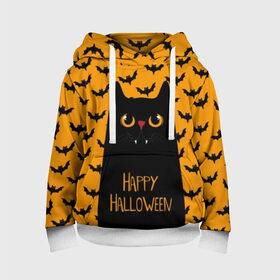 Детская толстовка 3D с принтом Happy Halloween в Кировске, 100% полиэстер | двухслойный капюшон со шнурком для регулировки, мягкие манжеты на рукавах и по низу толстовки, спереди карман-кенгуру с мягким внутренним слоем | Тематика изображения на принте: autumn | bat | black | cat | eyes | fangs | halloween | holiday | horror | horrors | mouse | yellow | глаза | желтый | жуть | клыки | кот | летучая | мышь | осень | праздник | ужасы | хэллоуин | черный