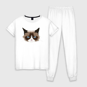 Женская пижама хлопок с принтом Сердитый котик,Grumpy cat в Кировске, 100% хлопок | брюки и футболка прямого кроя, без карманов, на брюках мягкая резинка на поясе и по низу штанин | 
