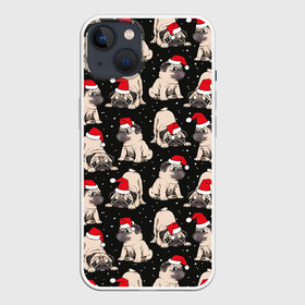 Чехол для iPhone 13 с принтом Новогодние мопсы в Кировске,  |  | black | christmas | cute | dog | funny | hat | new year | pug | puppy | red | snow | white | winter | белый | зима | красный | мило | мопс | новогодний | новый год | пёс | прикольно | рождество | снег | собака | собакен | чёрный | шапка | щенок