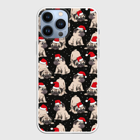 Чехол для iPhone 13 Pro Max с принтом Новогодние мопсы в Кировске,  |  | black | christmas | cute | dog | funny | hat | new year | pug | puppy | red | snow | white | winter | белый | зима | красный | мило | мопс | новогодний | новый год | пёс | прикольно | рождество | снег | собака | собакен | чёрный | шапка | щенок