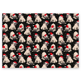 Поздравительная открытка с принтом Новогодние мопсы в Кировске, 100% бумага | плотность бумаги 280 г/м2, матовая, на обратной стороне линовка и место для марки
 | black | christmas | cute | dog | funny | hat | new year | pug | puppy | red | snow | white | winter | белый | зима | красный | мило | мопс | новогодний | новый год | пёс | прикольно | рождество | снег | собака | собакен | чёрный | шапка | щенок