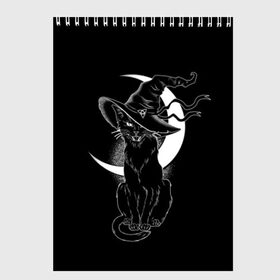 Скетчбук с принтом Кошка колдунья в Кировске, 100% бумага
 | 48 листов, плотность листов — 100 г/м2, плотность картонной обложки — 250 г/м2. Листы скреплены сверху удобной пружинной спиралью | Тематика изображения на принте: black | cat | cl | crescent | fangs | halloween | hat | holiday | hunter | kitty | magic | month | moon | mystic | night | predator | white | witch | белый | ведьма | киса | клыки | когти | колдовство | кот | котэ | кошка | луна | магия | месяц | мистика 