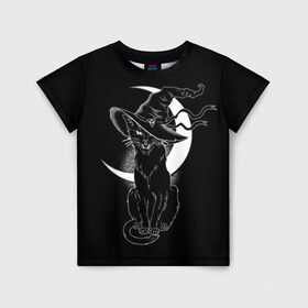Детская футболка 3D с принтом Кошка колдунья в Кировске, 100% гипоаллергенный полиэфир | прямой крой, круглый вырез горловины, длина до линии бедер, чуть спущенное плечо, ткань немного тянется | Тематика изображения на принте: black | cat | cl | crescent | fangs | halloween | hat | holiday | hunter | kitty | magic | month | moon | mystic | night | predator | white | witch | белый | ведьма | киса | клыки | когти | колдовство | кот | котэ | кошка | луна | магия | месяц | мистика 
