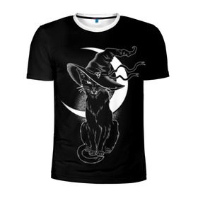 Мужская футболка 3D спортивная с принтом Кошка колдунья в Кировске, 100% полиэстер с улучшенными характеристиками | приталенный силуэт, круглая горловина, широкие плечи, сужается к линии бедра | Тематика изображения на принте: black | cat | cl | crescent | fangs | halloween | hat | holiday | hunter | kitty | magic | month | moon | mystic | night | predator | white | witch | белый | ведьма | киса | клыки | когти | колдовство | кот | котэ | кошка | луна | магия | месяц | мистика 