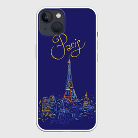 Чехол для iPhone 13 с принтом Париж в Кировске,  |  | blue | drawing | eiffel tower | france | paris | romance | yellow | желтый | париж | рисунок | романтика | синий | франция | эйфелева башня