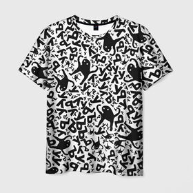 Мужская футболка 3D с принтом ЪУЪ в Кировске, 100% полиэфир | прямой крой, круглый вырез горловины, длина до линии бедер | белый | буквы | кот | кошка | мем | паттерн | узор | уъу | черный