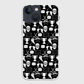 Чехол для iPhone 13 mini с принтом ХОККЕЙ в Кировске,  |  | black and white | hockey | pattern | russia | sport | надписи | паттерн | россия | сборная хоккея | символика | спорт | спортсмен | текстура | хоккей | чемпионат | черно белый | я русский