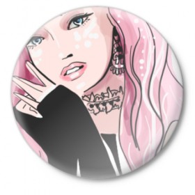 Значок с принтом Очаровательная милая девушка с розовыми волосами в Кировске,  металл | круглая форма, металлическая застежка в виде булавки | блестками | волосами | восхитительная | девушка | иллюстрация | красивая | мечтательная | милая | рисунок | розовый | розовыми | руки | украшения | украшениями | фэшн