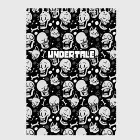 Скетчбук с принтом UNDERTALE в Кировске, 100% бумага
 | 48 листов, плотность листов — 100 г/м2, плотность картонной обложки — 250 г/м2. Листы скреплены сверху удобной пружинной спиралью | game | undertale | азриэль дримурр | альфис | андайн | андертейл | асгор дримурр | добро | дьявол | зло | игра | игры | кости | меттатон | папирус | санс | стрела | ториэль | трезубец | фриск | чара | черный