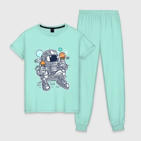 Женская пижама хлопок с принтом Космонавт в Кировске, 100% хлопок | брюки и футболка прямого кроя, без карманов, на брюках мягкая резинка на поясе и по низу штанин | космонавт | космос | мороженое