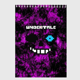 Скетчбук с принтом Undertale Sans в Кировске, 100% бумага
 | 48 листов, плотность листов — 100 г/м2, плотность картонной обложки — 250 г/м2. Листы скреплены сверху удобной пружинной спиралью | 3d | pixel | sans | undertale | абстракция | андертейл | без глаз | игра | надпись | пиксель | пикселя | подземная история | текстура