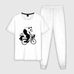 Мужская пижама хлопок с принтом Панда на велике в Кировске, 100% хлопок | брюки и футболка прямого кроя, без карманов, на брюках мягкая резинка на поясе и по низу штанин
 | велосипед | детеныши панды | животные | медведи | панда | панда катается | панда на велике | три панды | черно белые