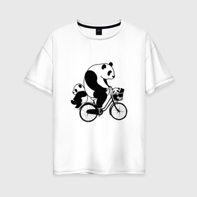 Женская футболка хлопок Oversize с принтом Панда на велике в Кировске, 100% хлопок | свободный крой, круглый ворот, спущенный рукав, длина до линии бедер
 | велосипед | детеныши панды | животные | медведи | панда | панда катается | панда на велике | три панды | черно белые