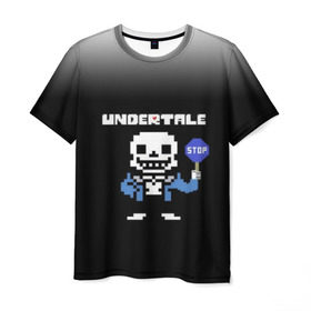 Мужская футболка 3D с принтом Undertale STOP. в Кировске, 100% полиэфир | прямой крой, круглый вырез горловины, длина до линии бедер | 3d | pixel | sans | stop | undertale | абстракция | алфавит | андертейл | буквы | геометрия | знак | игра | надпись | пиксель | пикселя | подземная история | текстура