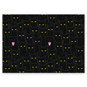 Поздравительная открытка с принтом Чёрные коты в Кировске, 100% бумага | плотность бумаги 280 г/м2, матовая, на обратной стороне линовка и место для марки
 | black | cat | eyes | halloween | kitten | look | magic | muzzle | mysticism | witch | witchcraft | yellow | ведьма | взгляд | глаза | желтый | колдовство | кот | котёнок | котик | кошачья | магия | мистика | хэллоуин | черный