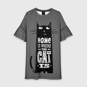 Детское платье 3D с принтом Дом там, где твой кот в Кировске, 100% полиэстер | прямой силуэт, чуть расширенный к низу. Круглая горловина, на рукавах — воланы | black | cat | cool | gray | kitten | motto | muzzle | slogan | text | white | белый | девиз | кот | котёнок | котик | кошачья | лозунг | прикольный | серый | текст | черный