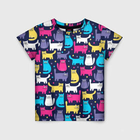 Детская футболка 3D с принтом Разноцветные котики в Кировске, 100% гипоаллергенный полиэфир | прямой крой, круглый вырез горловины, длина до линии бедер, чуть спущенное плечо, ткань немного тянется | Тематика изображения на принте: blue | cat | colorful | cool | dots | kitten | paws | pink | tail | torso | white | yellow | белый | желтый | кот | котёнок | котик | котэ | кошка | лапы | прикольный | разноцветный | розовый | синий | точки | туловище | хвост