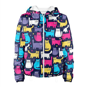 Женская куртка 3D с принтом Разноцветные котики в Кировске, ткань верха — 100% полиэстер, подклад — флис | прямой крой, подол и капюшон оформлены резинкой с фиксаторами, два кармана без застежек по бокам, один большой потайной карман на груди. Карман на груди застегивается на липучку | blue | cat | colorful | cool | dots | kitten | paws | pink | tail | torso | white | yellow | белый | желтый | кот | котёнок | котик | котэ | кошка | лапы | прикольный | разноцветный | розовый | синий | точки | туловище | хвост
