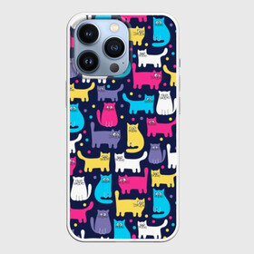 Чехол для iPhone 13 Pro с принтом Разноцветные котики в Кировске,  |  | blue | cat | colorful | cool | dots | kitten | paws | pink | tail | torso | white | yellow | белый | желтый | кот | котёнок | котик | котэ | кошка | лапы | прикольный | разноцветный | розовый | синий | точки | туловище | хвост