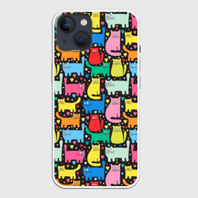 Чехол для iPhone 13 с принтом Разноцветные котики в Кировске,  |  | blue | cat | cool | green | heart | kitten | multi colored | paws | pink | points | red | tail | torso | white | yellow | белый | желтый | зеленый | кот | котёнок | котик | котэ | кошка | красный | лапы | прикольный | разноцветный | розовый | се