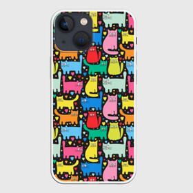 Чехол для iPhone 13 mini с принтом Разноцветные котики в Кировске,  |  | blue | cat | cool | green | heart | kitten | multi colored | paws | pink | points | red | tail | torso | white | yellow | белый | желтый | зеленый | кот | котёнок | котик | котэ | кошка | красный | лапы | прикольный | разноцветный | розовый | се