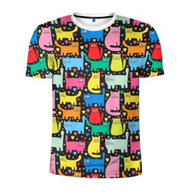 Мужская футболка 3D спортивная с принтом Разноцветные котики в Кировске, 100% полиэстер с улучшенными характеристиками | приталенный силуэт, круглая горловина, широкие плечи, сужается к линии бедра | Тематика изображения на принте: blue | cat | cool | green | heart | kitten | multi colored | paws | pink | points | red | tail | torso | white | yellow | белый | желтый | зеленый | кот | котёнок | котик | котэ | кошка | красный | лапы | прикольный | разноцветный | розовый | се